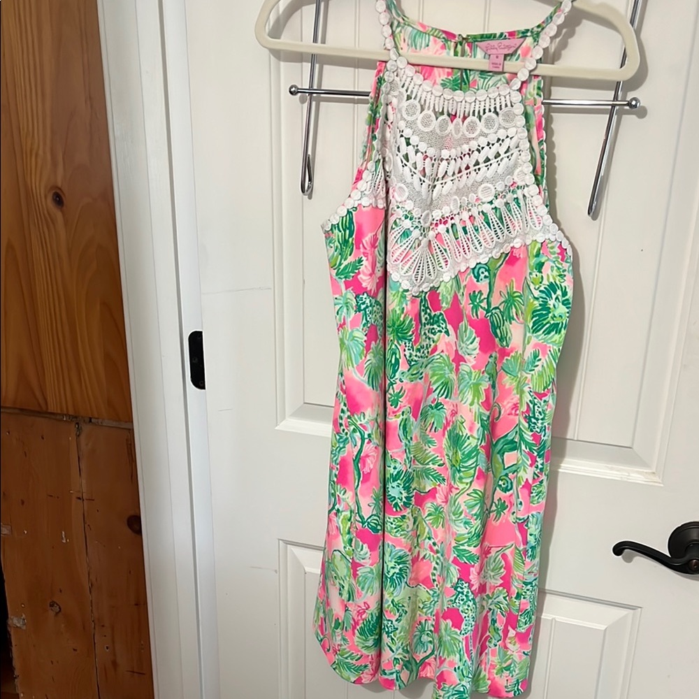 Lilly Pulitzer Pink & Green jungle animal Patterned Dress with White Lace